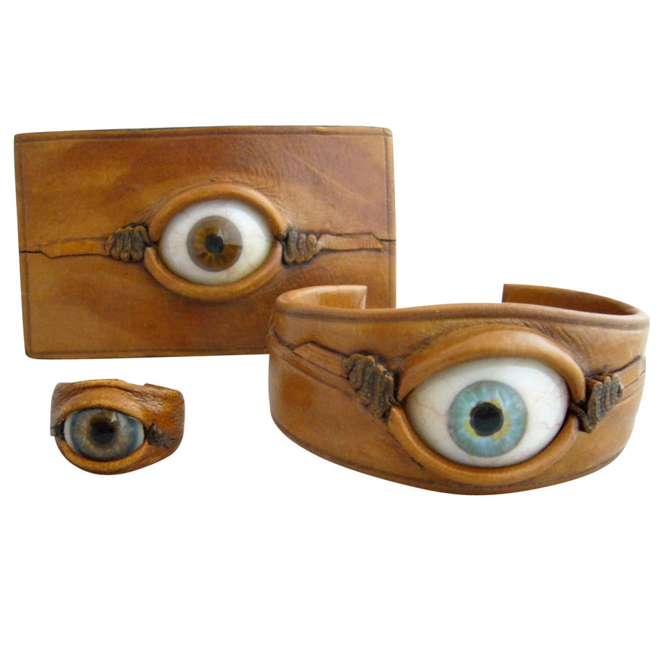 Surrealist Glass Eye Leather Ring Bracelet and Buckle