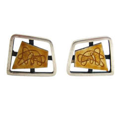 Vintage Sterling Silver Enamel Abstract Modernist Cufflinks