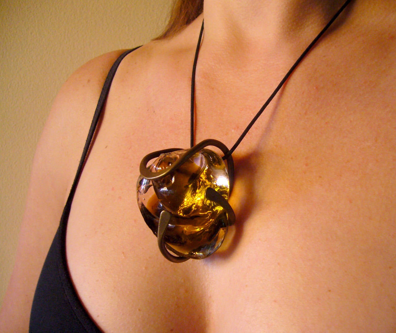 Claire Falkenstein Bronze Handblown Glass Pendant In Excellent Condition In Palm Springs, CA