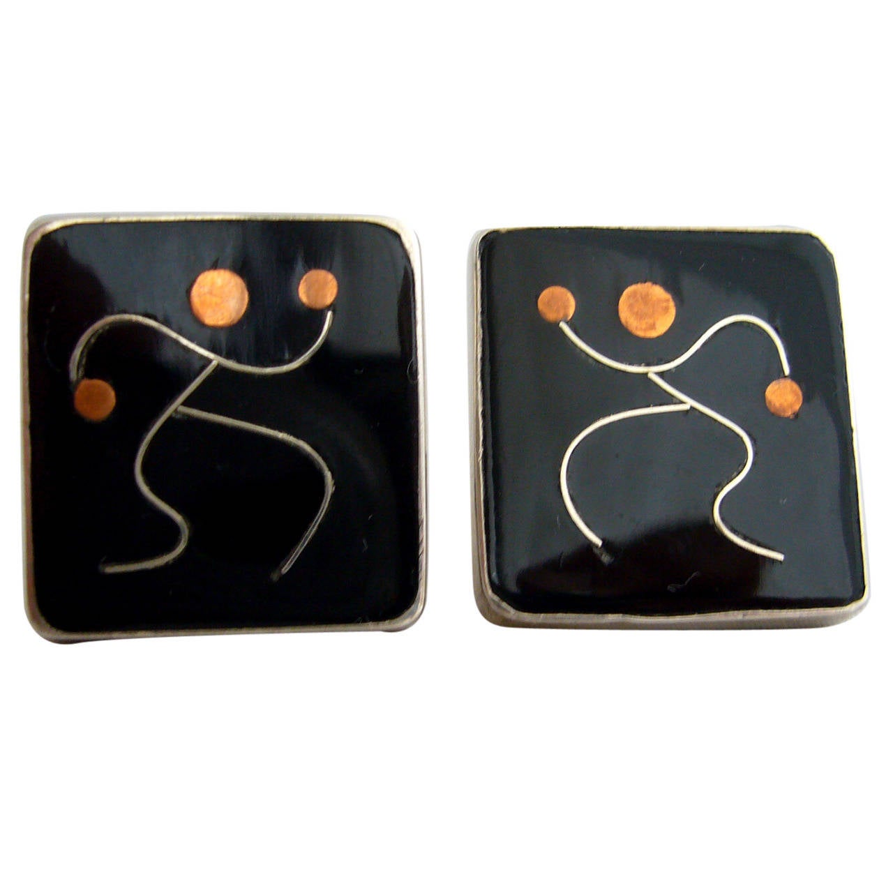 Rare 1950s Onyx Sterling Silver Copper Inlay Cufflinks