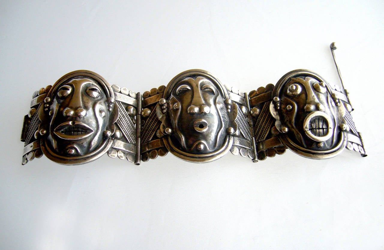French Modernist Silver Mask Bracelet 1