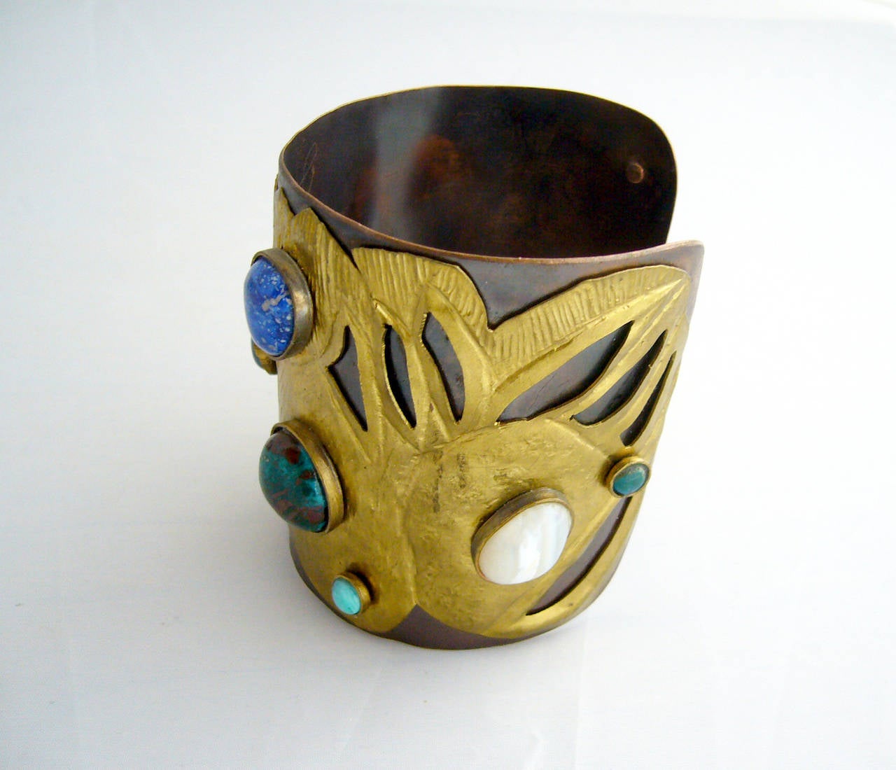 Modernist Juan Reyes Natural Gemstone Copper Brass Cuff Bracelet