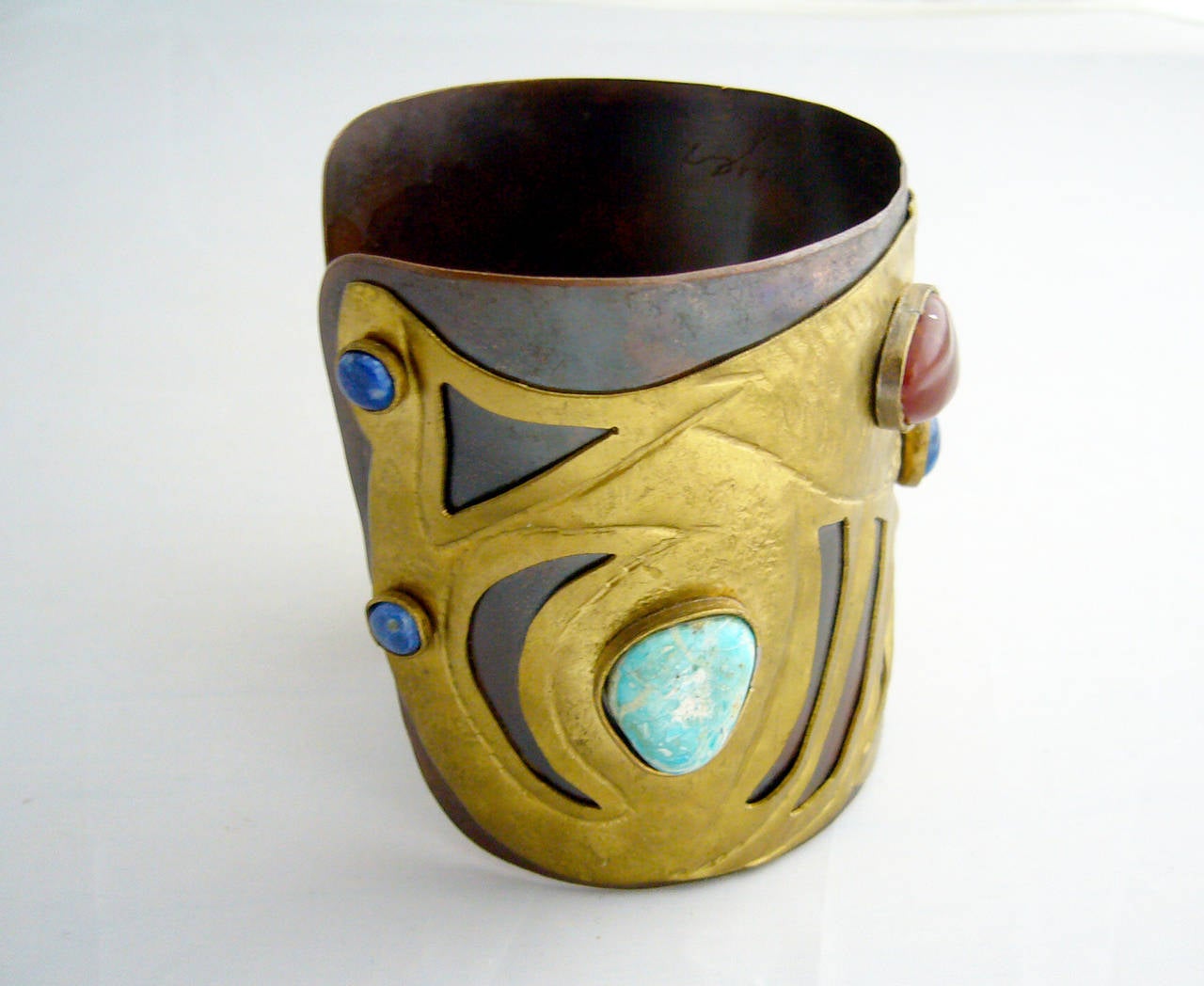 Juan Reyes Natural Gemstone Copper Brass Cuff Bracelet In Excellent Condition In Palm Springs, CA