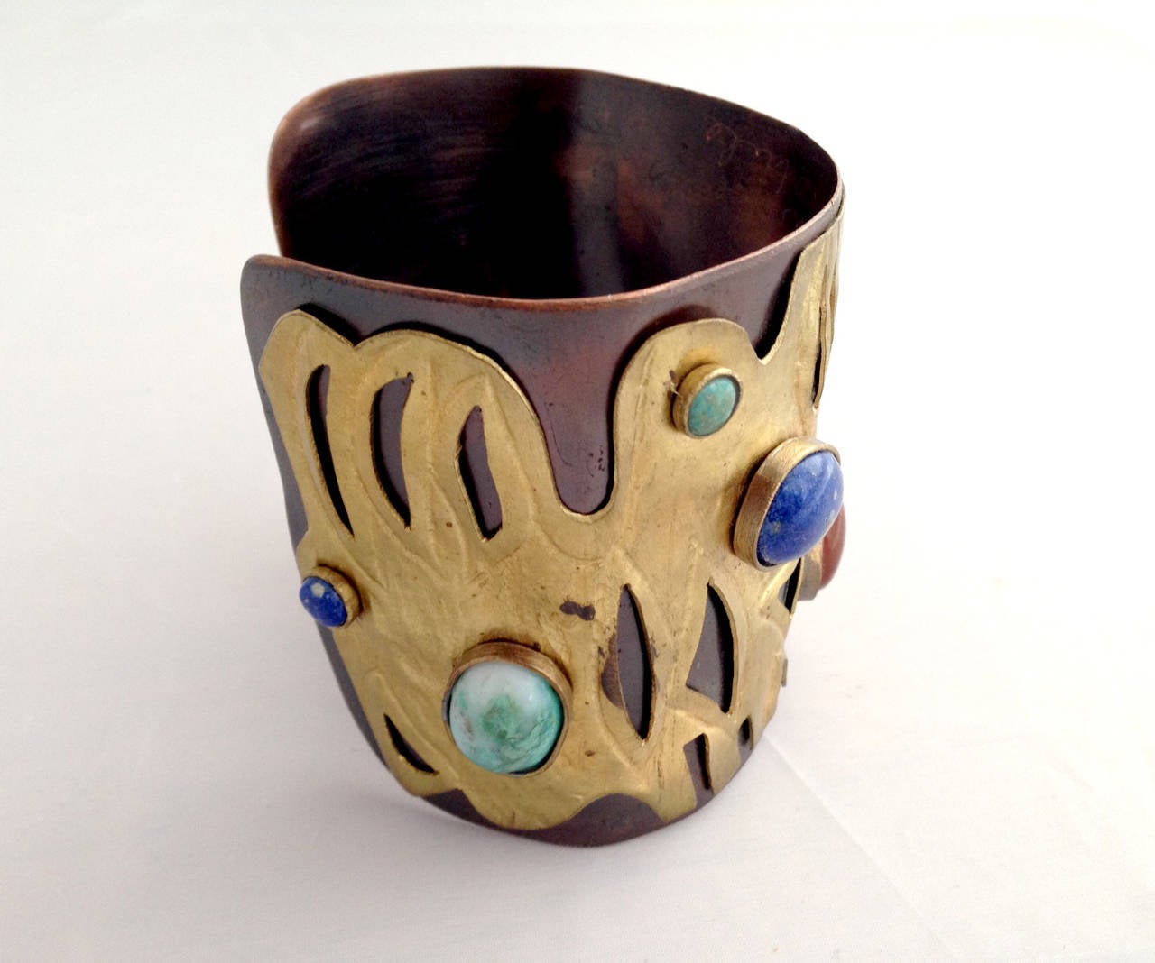 Juan Reyes Copper Brass Natural Gemstone Cuff Bracelet In Excellent Condition In Palm Springs, CA