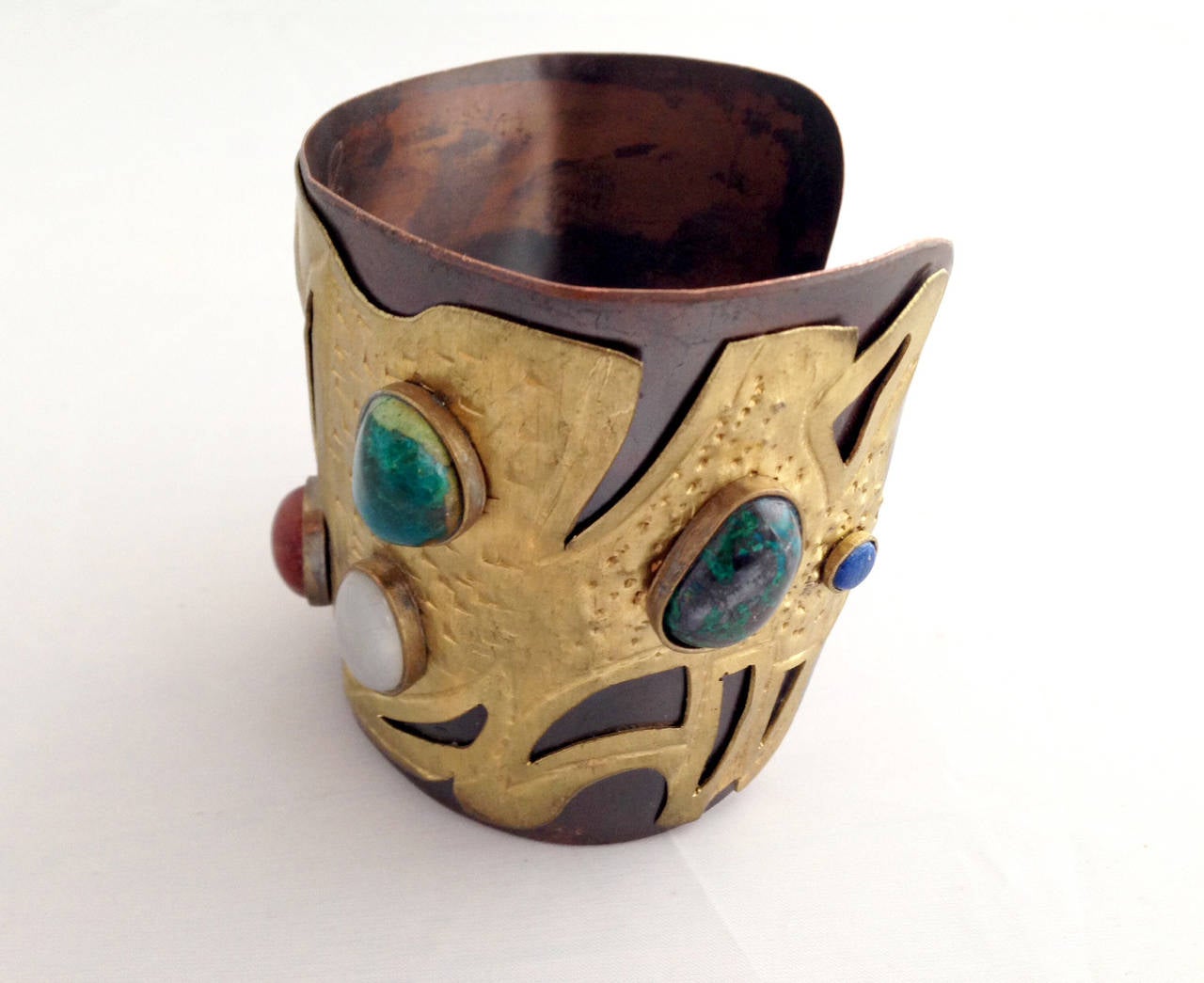 Artisan Juan Reyes Copper Brass Natural Gemstone Cuff Bracelet