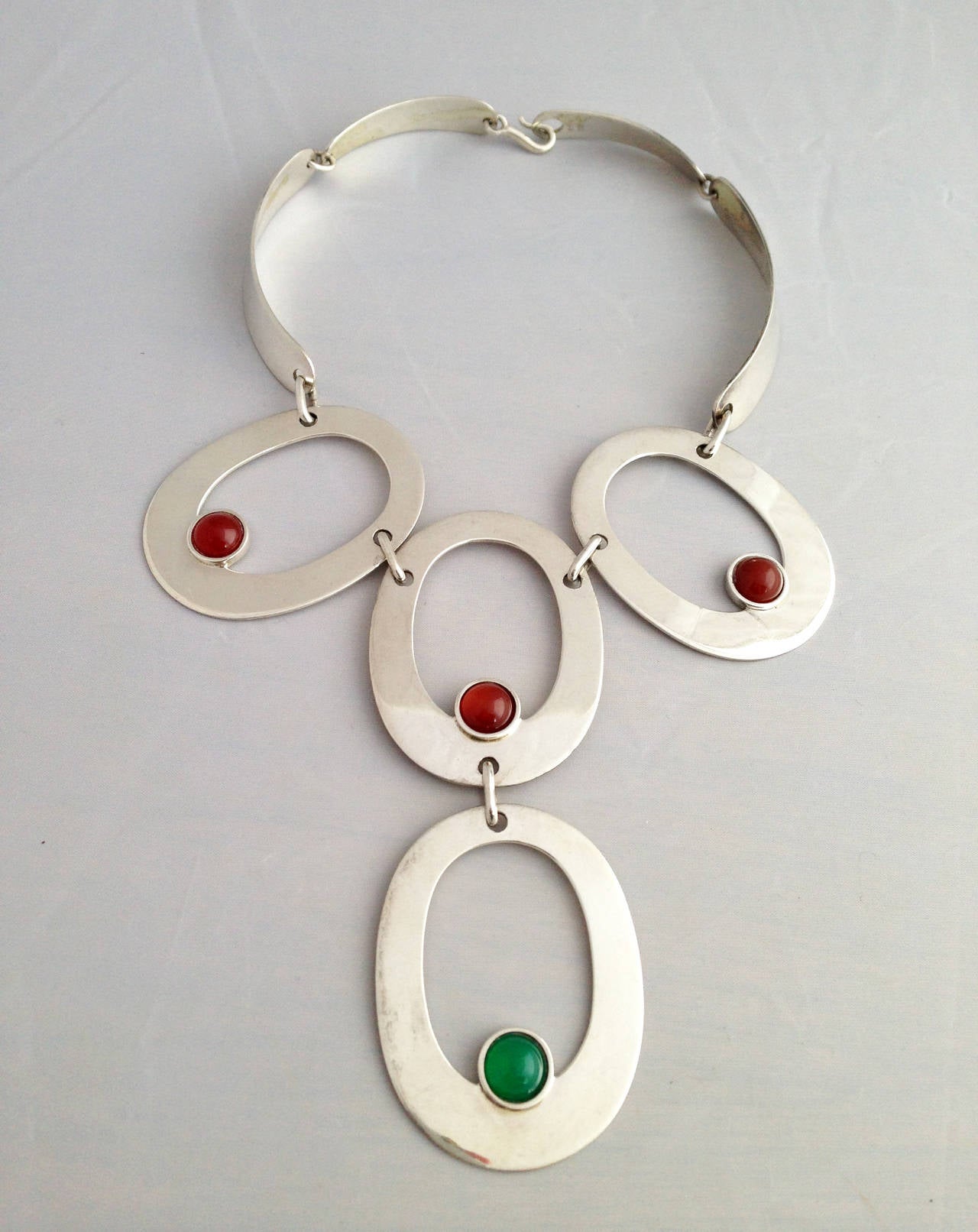1970's sterling silver  necklace with cabochons of chrysoprase and carnelian created by José Maria Puig Doria of Barcelona , Spain.  Necklace has a wearable neck length of 16