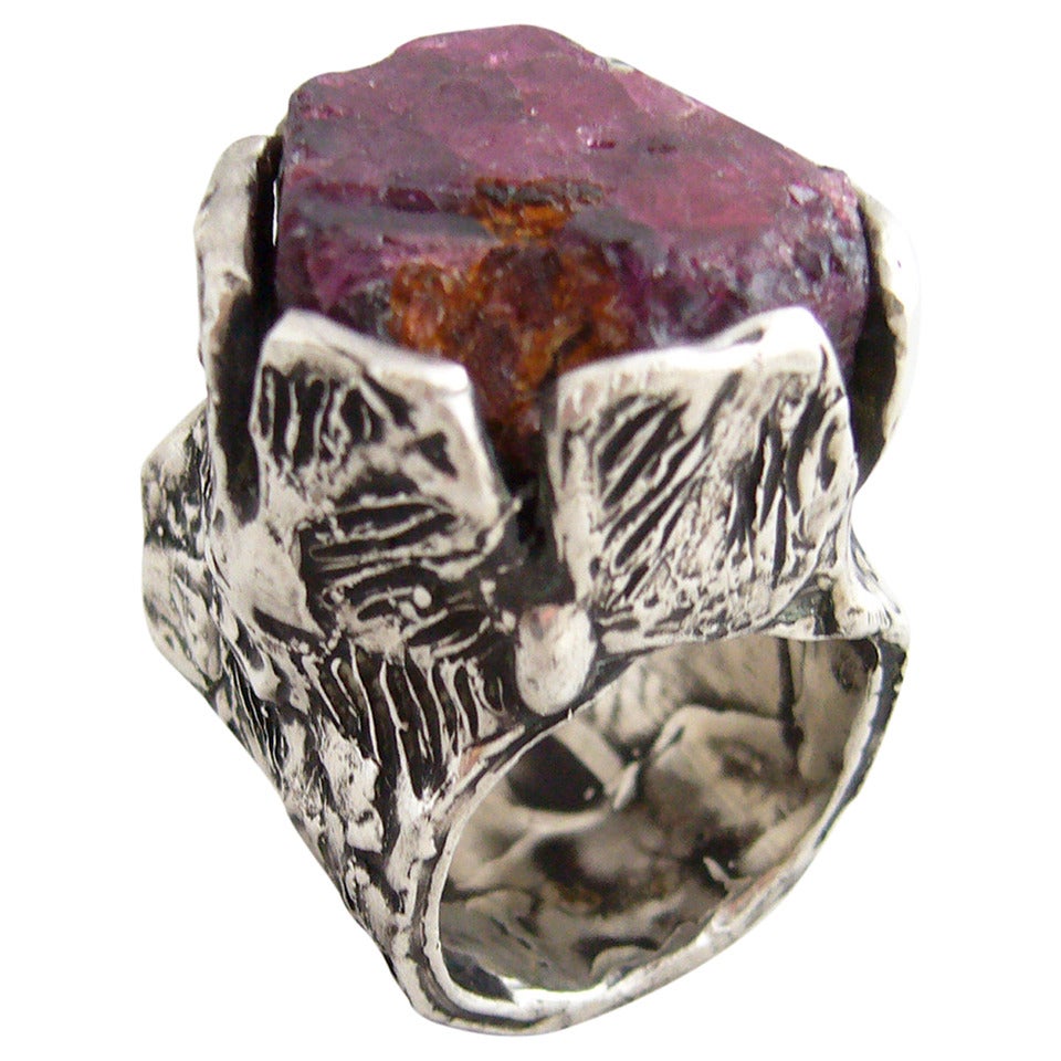 Sterling Silver Natural Raw Ruby Brutalist Ring