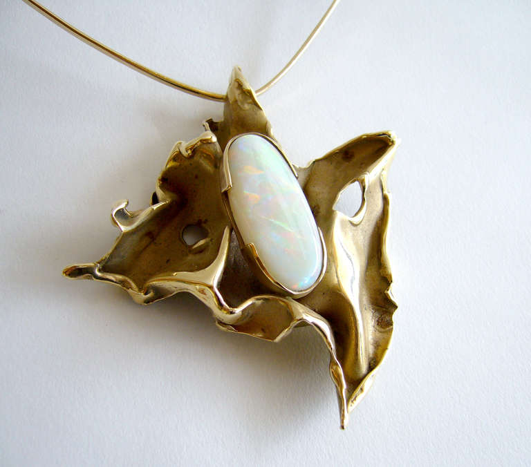 Esther Lewittes Opal Gold Modernist Pendant Necklace In Excellent Condition In Palm Springs, CA