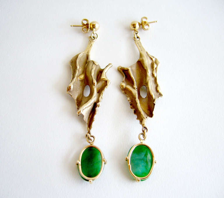 Handmade, one of a kind 14k gold and jade drop earrings created by Esther Lewittes of Los Angeles, California circa 1970's.  Custom made earrings are for pierced ears and measure 3