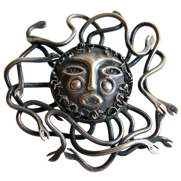 EMAUS Mexican Modernist Sterling Medusa Sun Brooch