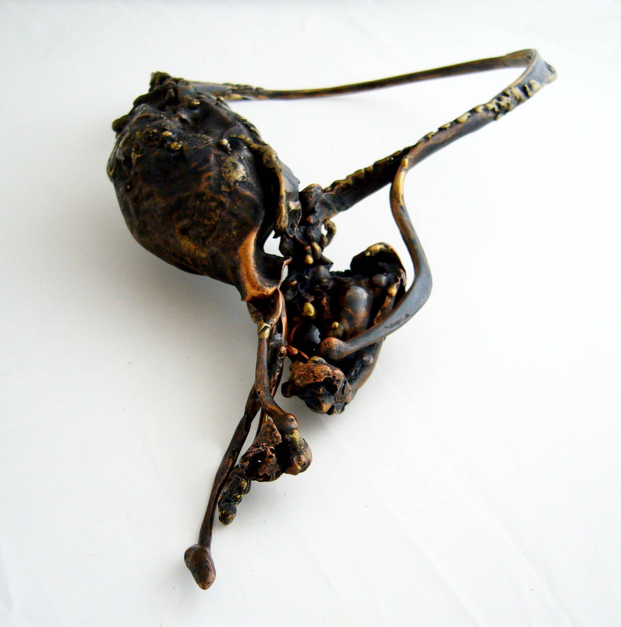 Artisan, one of a kind hinged copper pod necklace with vining copper tendrils.  Necklace has 17.5