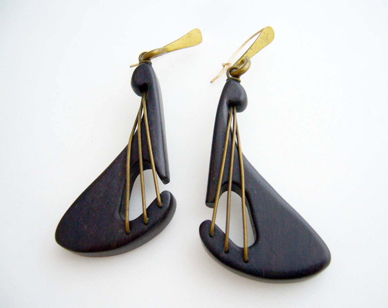Handmade, one of a kind lute earrings made of carved exotic wood with brass wire 