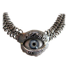 Surrealist Diamonds Gold Sterling Silver Glass Eye Necklace