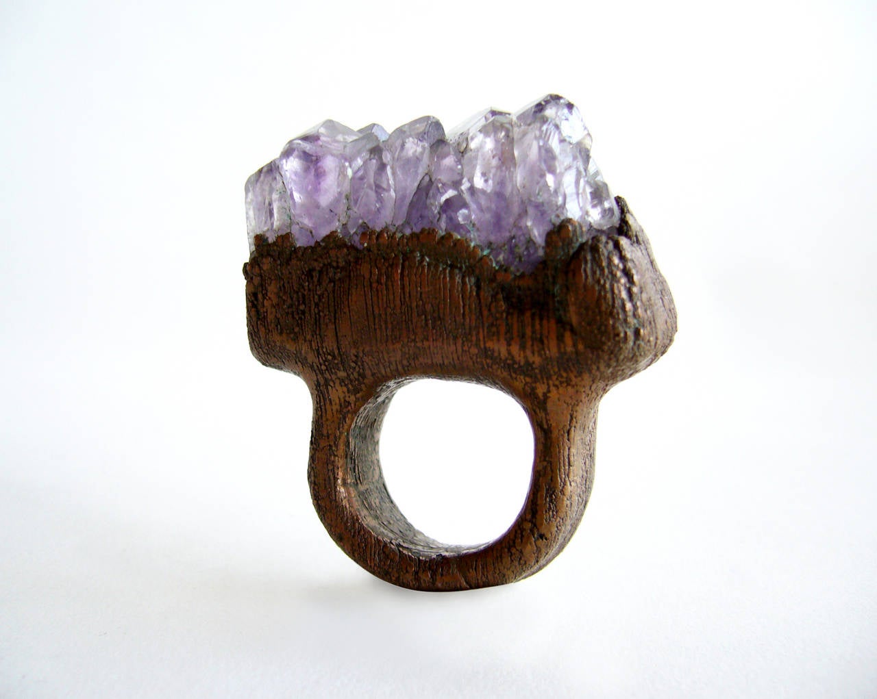 Brutalist druzy amethyst quartz ring set within a handmade frame and shank of scribed copper.  Ring stands 1 1/16