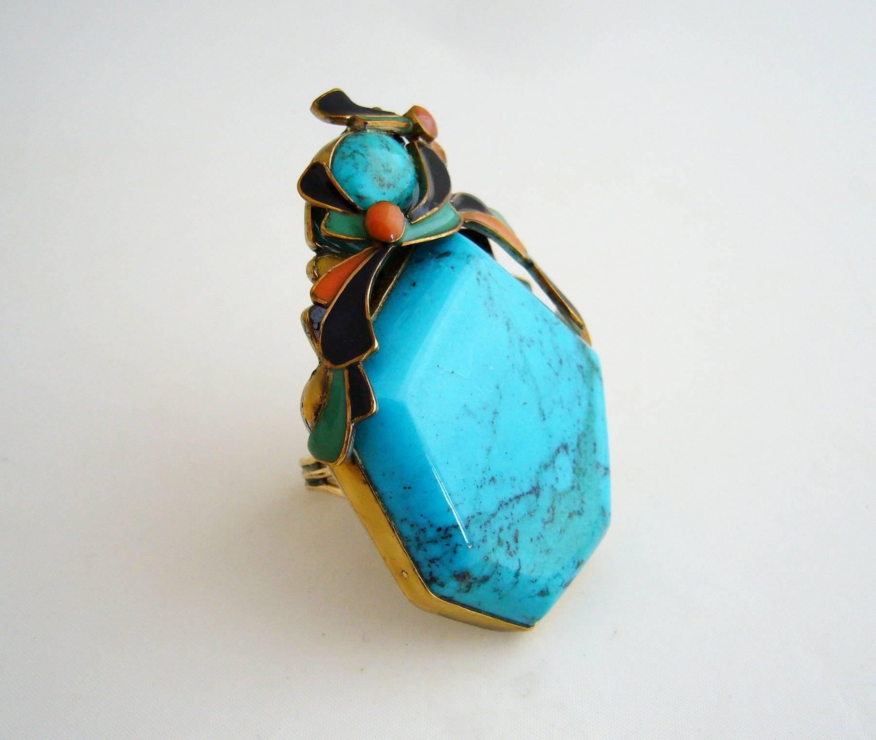 Large scale turquoise, coral and enamel ring created by Vega Maddux of Southern California.  Face of the ring measures 2 7/8