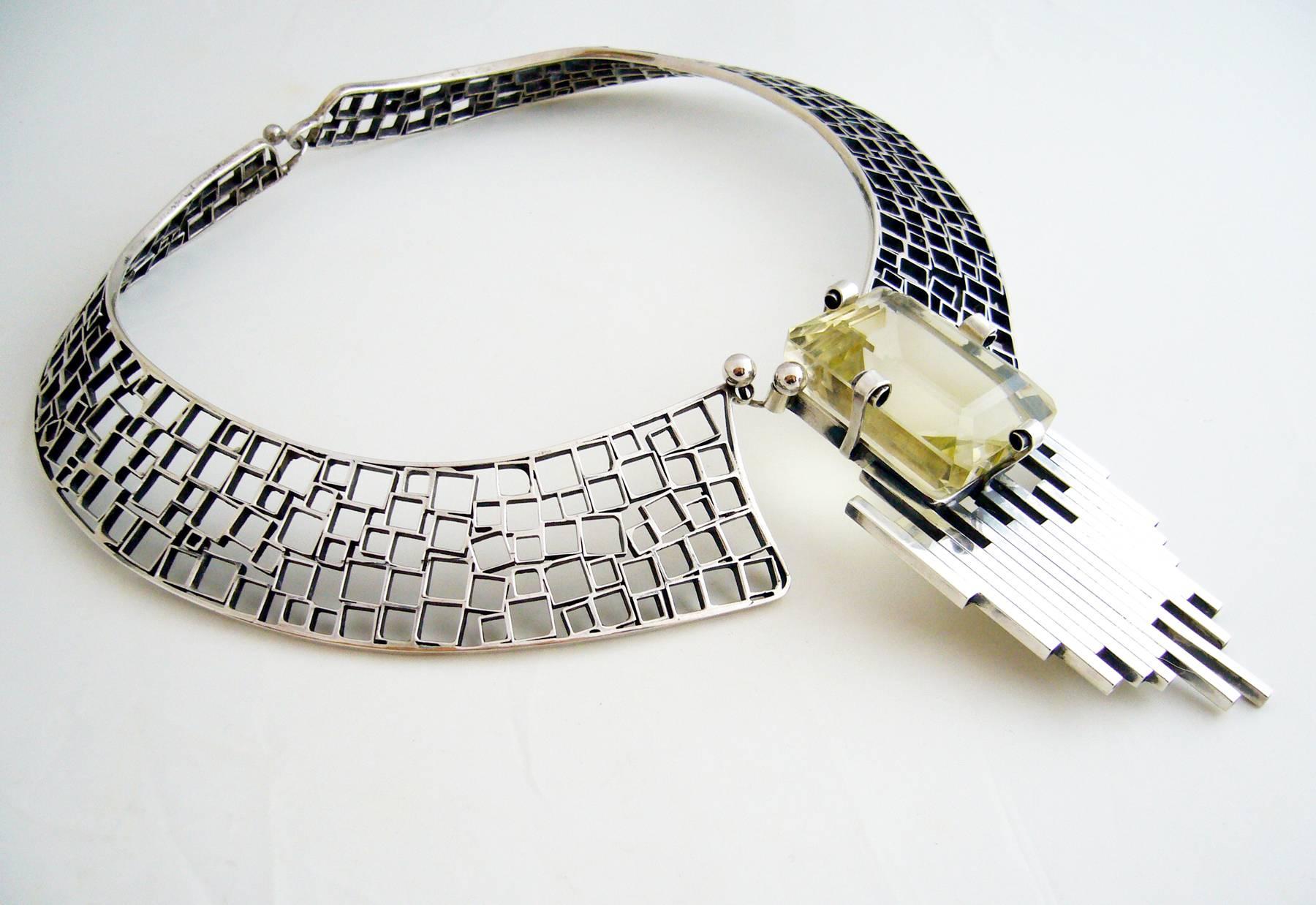 Sterling silver and lemon quartz necklace created by Aaron Rubinstein of Cincinnati, Ohio. Necklace has a wearable neck length of about 18