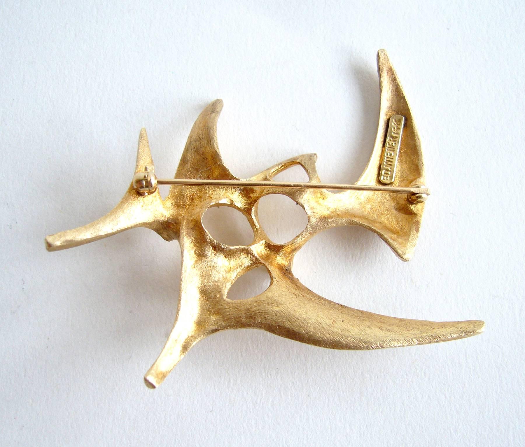 Ed Wiener Abstract Modernist Gold Brooch In Excellent Condition In Palm Springs, CA
