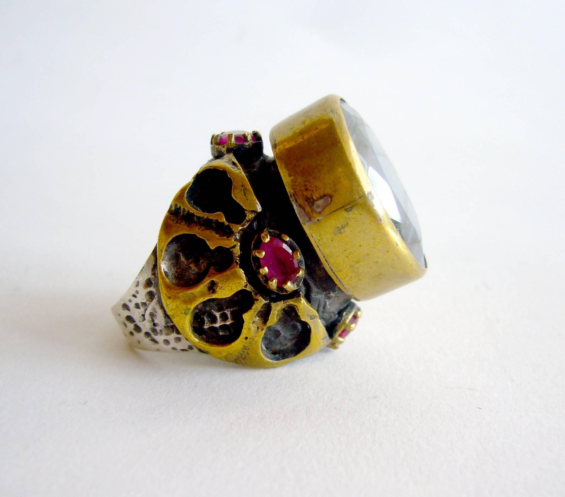 Large brass garnet and labradorite ring by unknown designer.  Ring is a finger size 9 - 9.25 and is unsigned. In very good vintage condition.  