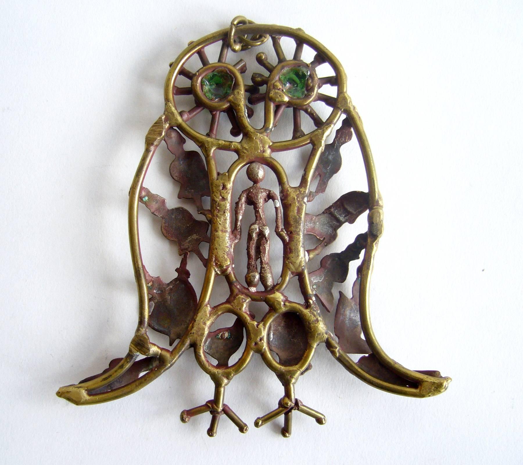 Modernist Pal Kepenyes Bronze Glass Milagro Owl Pendant Necklace
