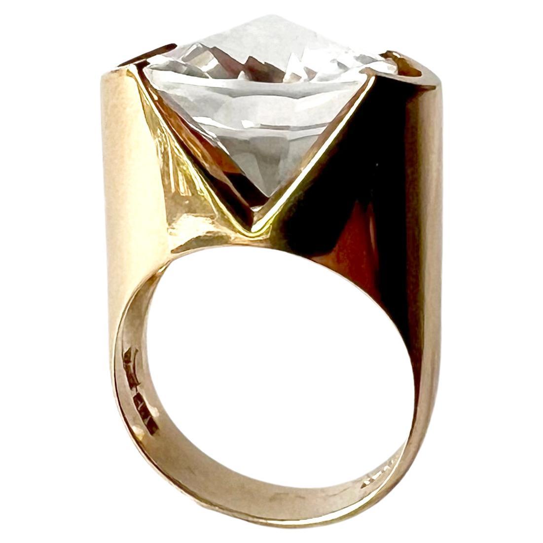 Hans Hansen Danish Modernist 14k Gold Faceted Crystal Ring For Sale