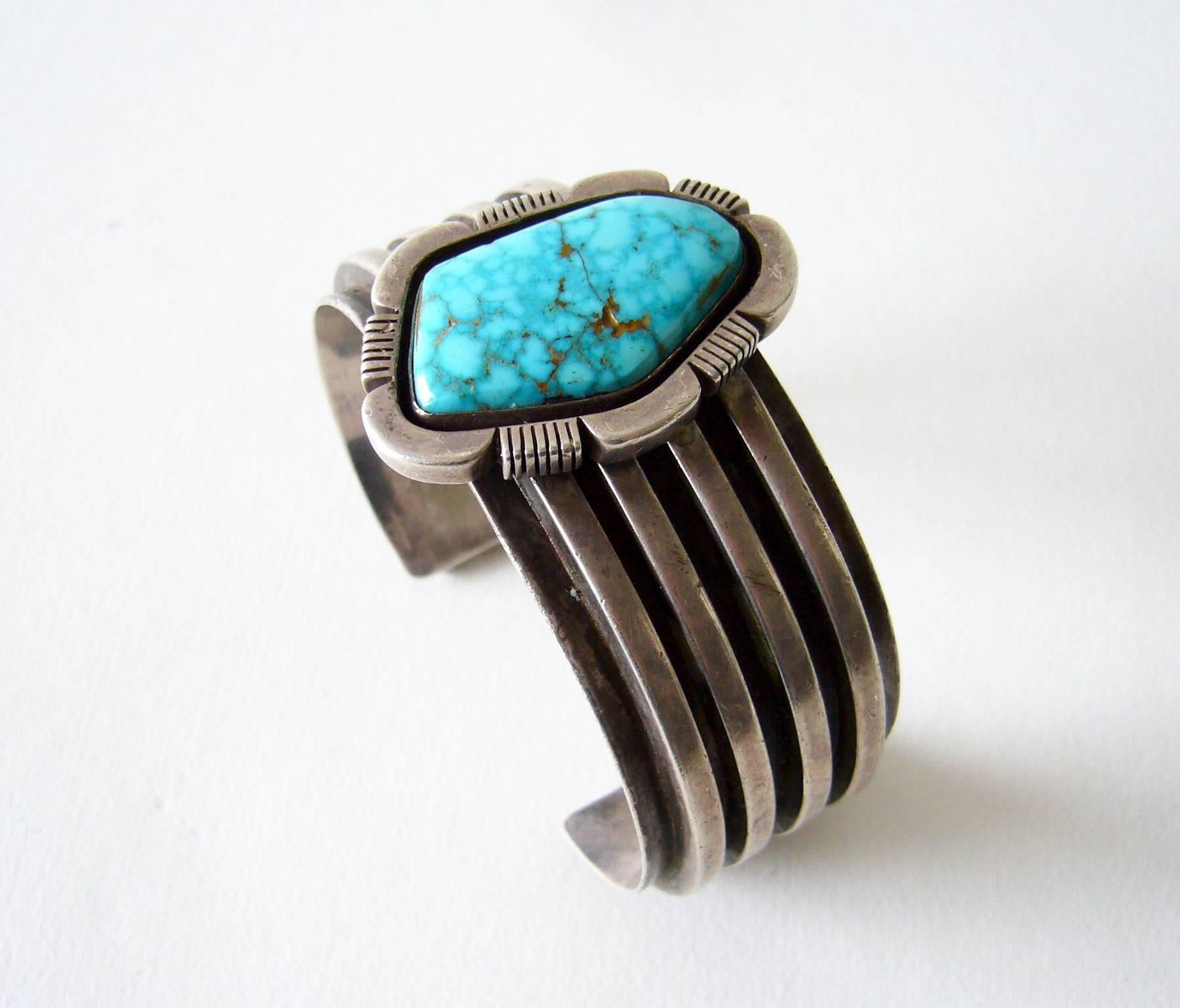 Turquoise Sterling Silver Navajo Cuff Bracelet In Excellent Condition In Palm Springs, CA