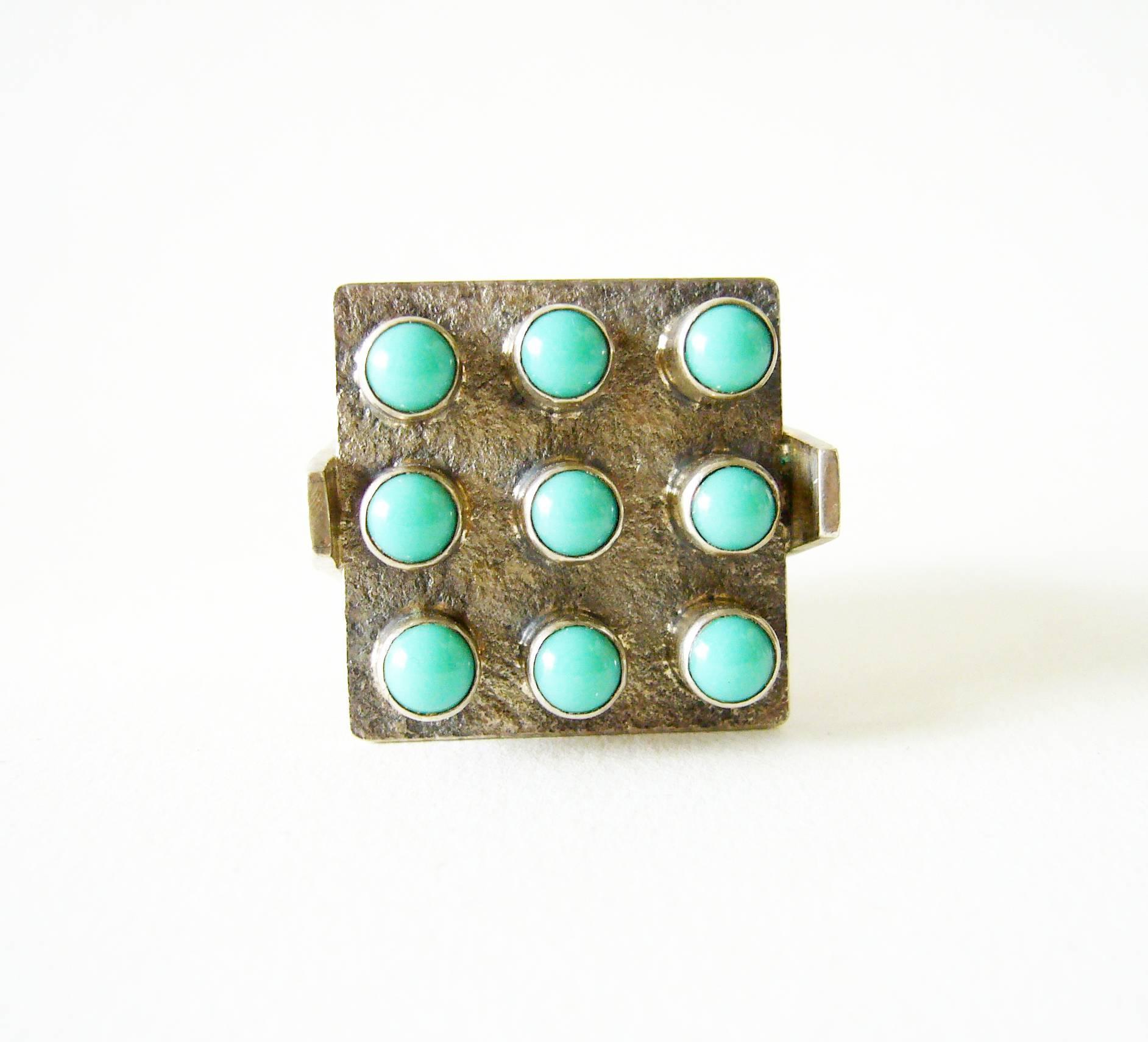 Silver and turquoise ring created by Master sculptor, painter and jeweler, Oswaldo Guayasamin of Ecuador.  Ring is a giner size 6 to 6.25.  Face of the ring measures 1
