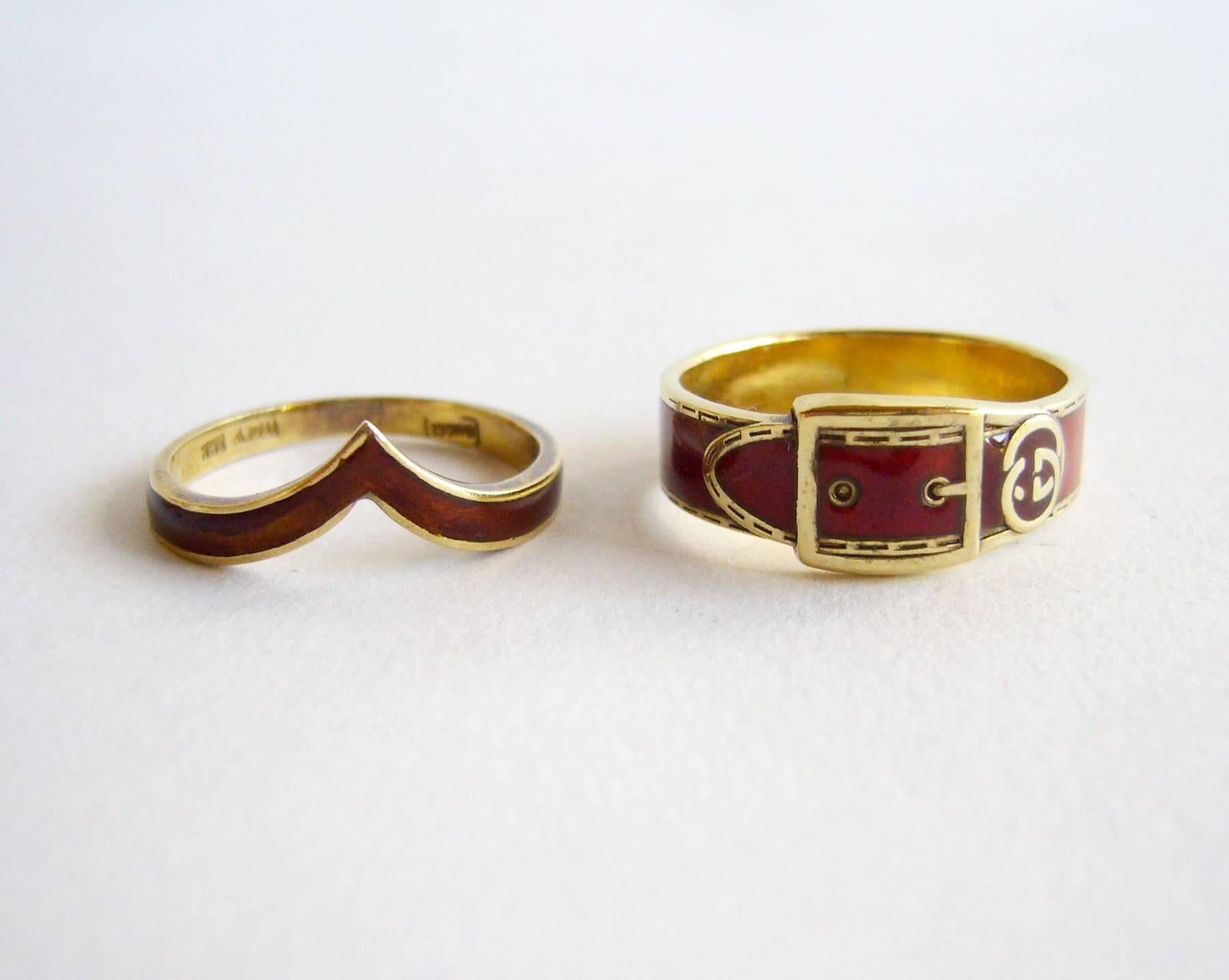 Pair of stackable enamel rings by Gucci of Italy, circa 1960's.  One ring is 18k gold and the other is sterling with gold vermeil. Both are signed Gucci. Rings are a finger size 5.5 and 6.  A great modern day alternate to a wedding or engagement