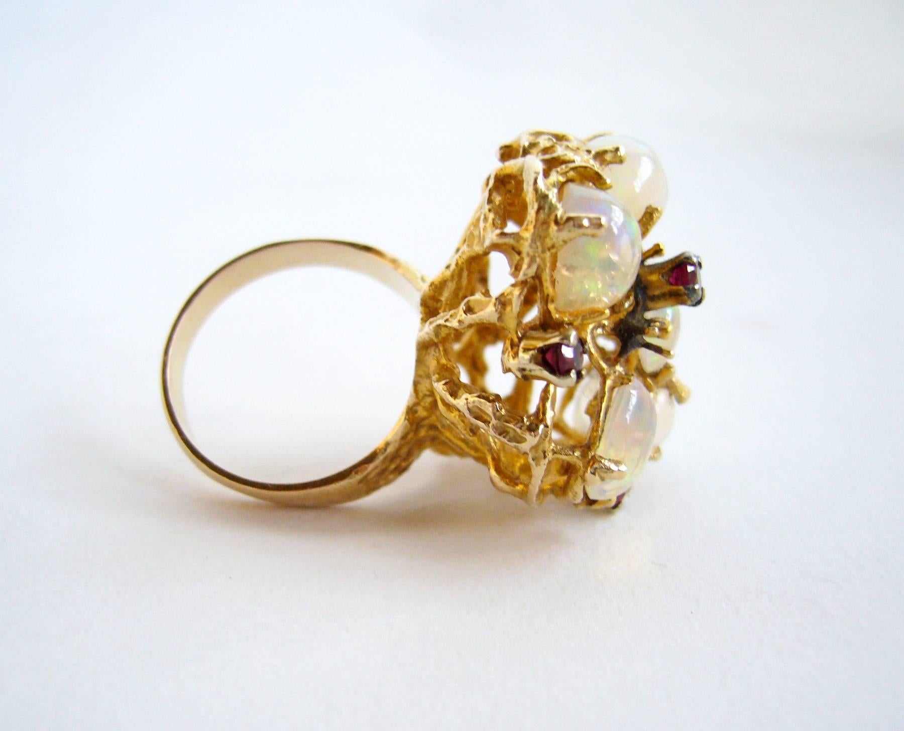 Modernist Opal Ruby Gold Branching Ring