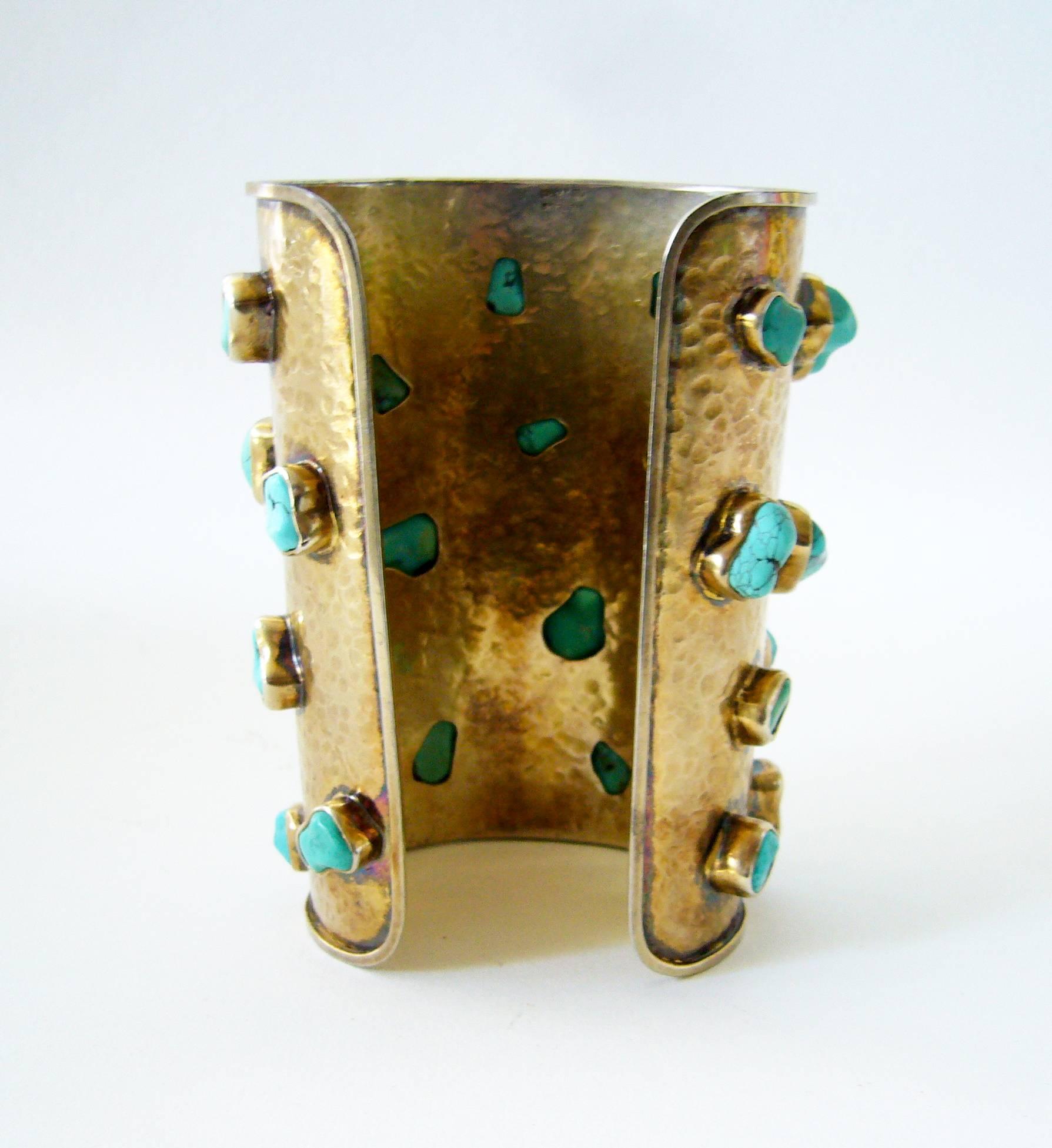 Modernist Celia Harms Sterling Vermeil Turquoise Cuff Bracelet