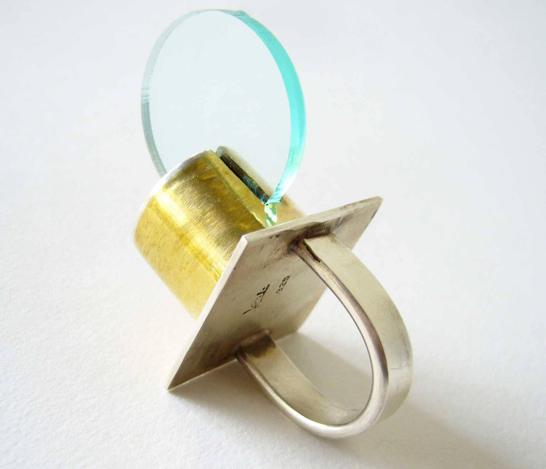 Modernist Heidi Abrahamson Sterling Silver Brass Acrylic Disc Ring For Sale