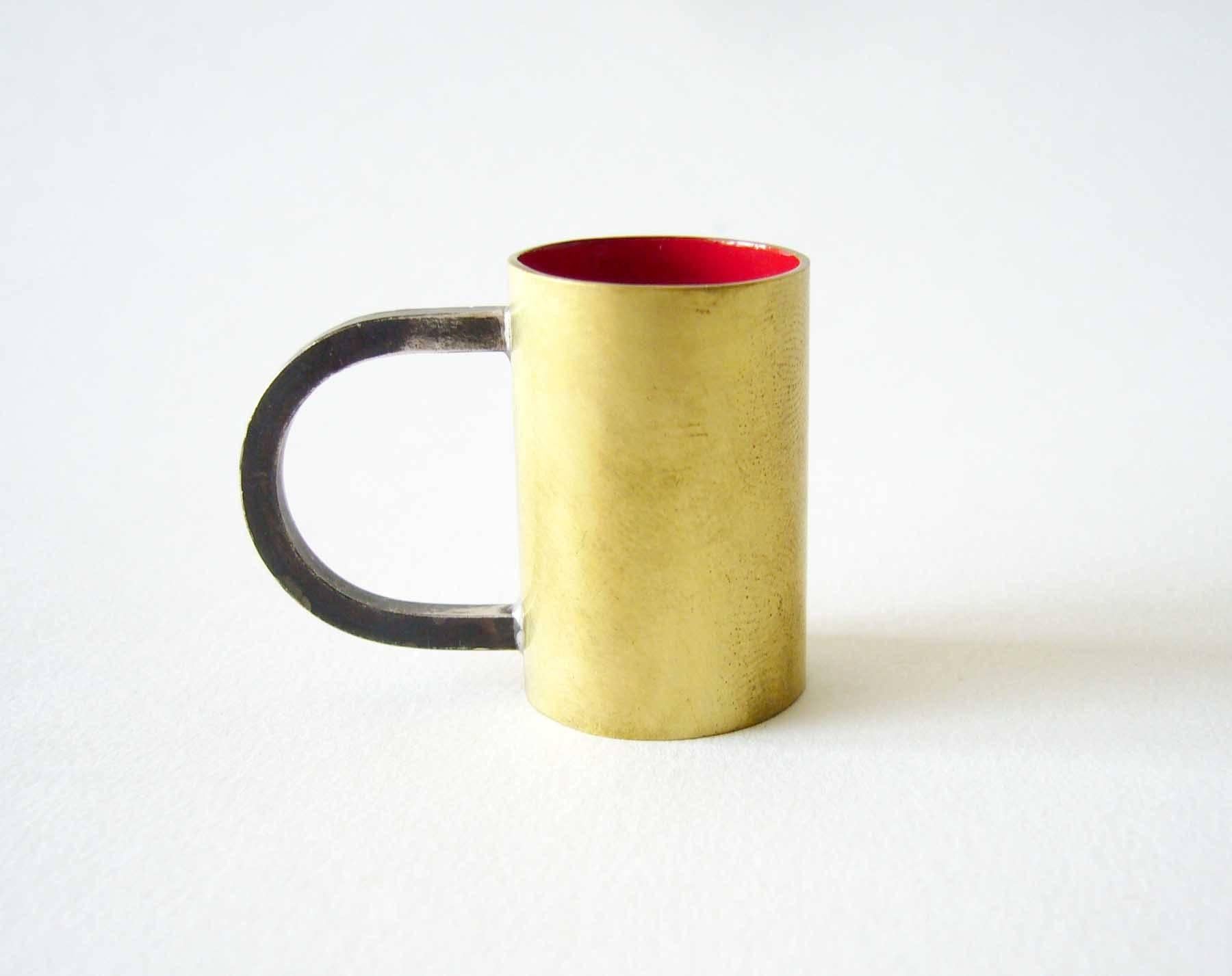 Brass tube ring with red enameled interior and oxidized sterling silver shank created by Heidi Abrahamson of Phoenix, Arizona.  Ring is a finger size 6.75 to 7 and is signed Heidi, .925 on its U shaped shank.  Other fall colors are available as seen