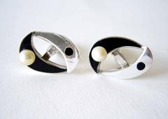 Antonio Pineda Sterling Silver Pearl Enamel Modernist Cufflinks