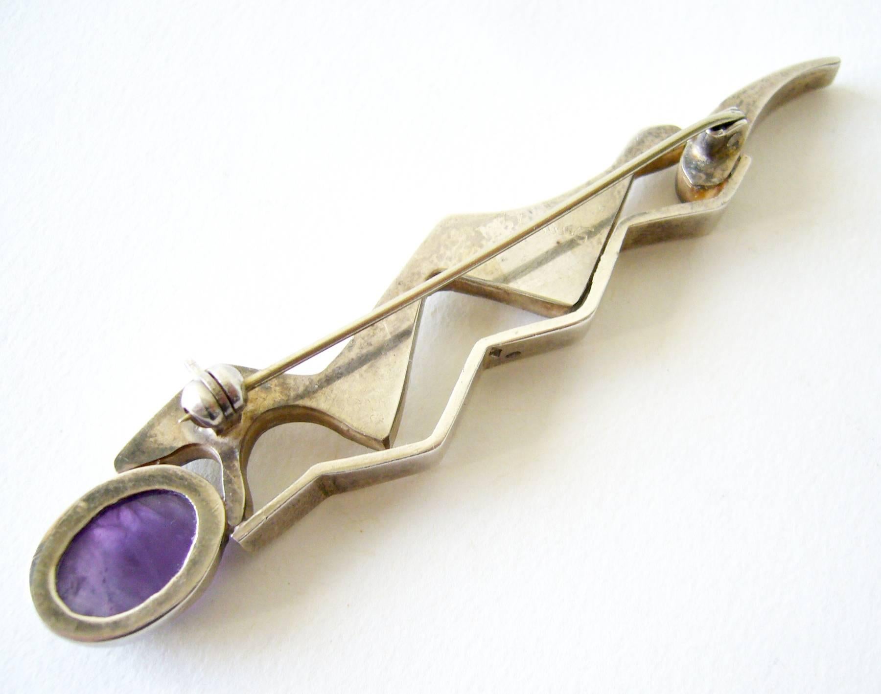 Suzanne Somogy Amethyst Sterling Silver French Modernist Brooch In Excellent Condition In Palm Springs, CA