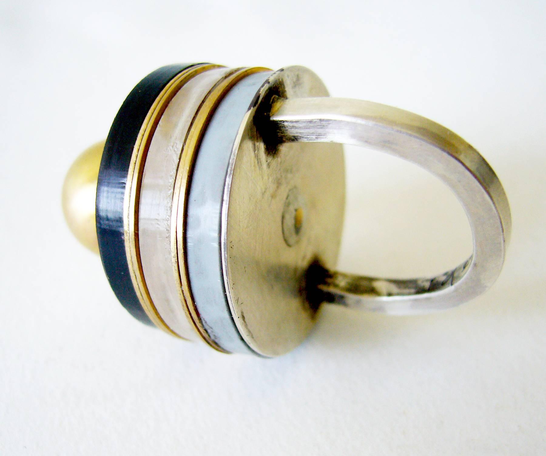 Modernist Heidi Abrahamson Sterling Silver Brass Acrylic Ring