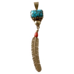 Boyd Tsosie 14 Karat Gold Turquoise Coral American Navajo Eagle Feather Pendant