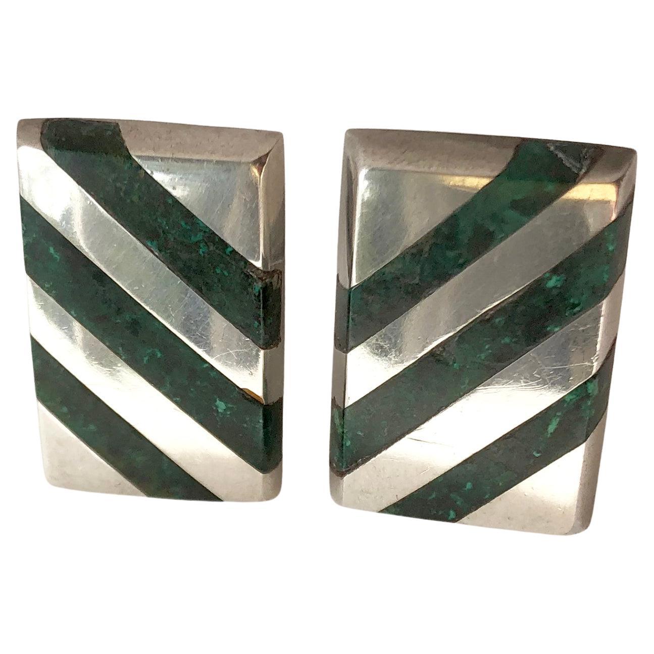 Enrique Ledesma Mexican Modern Sterling Silver Green Malachite Striped Cufflinks