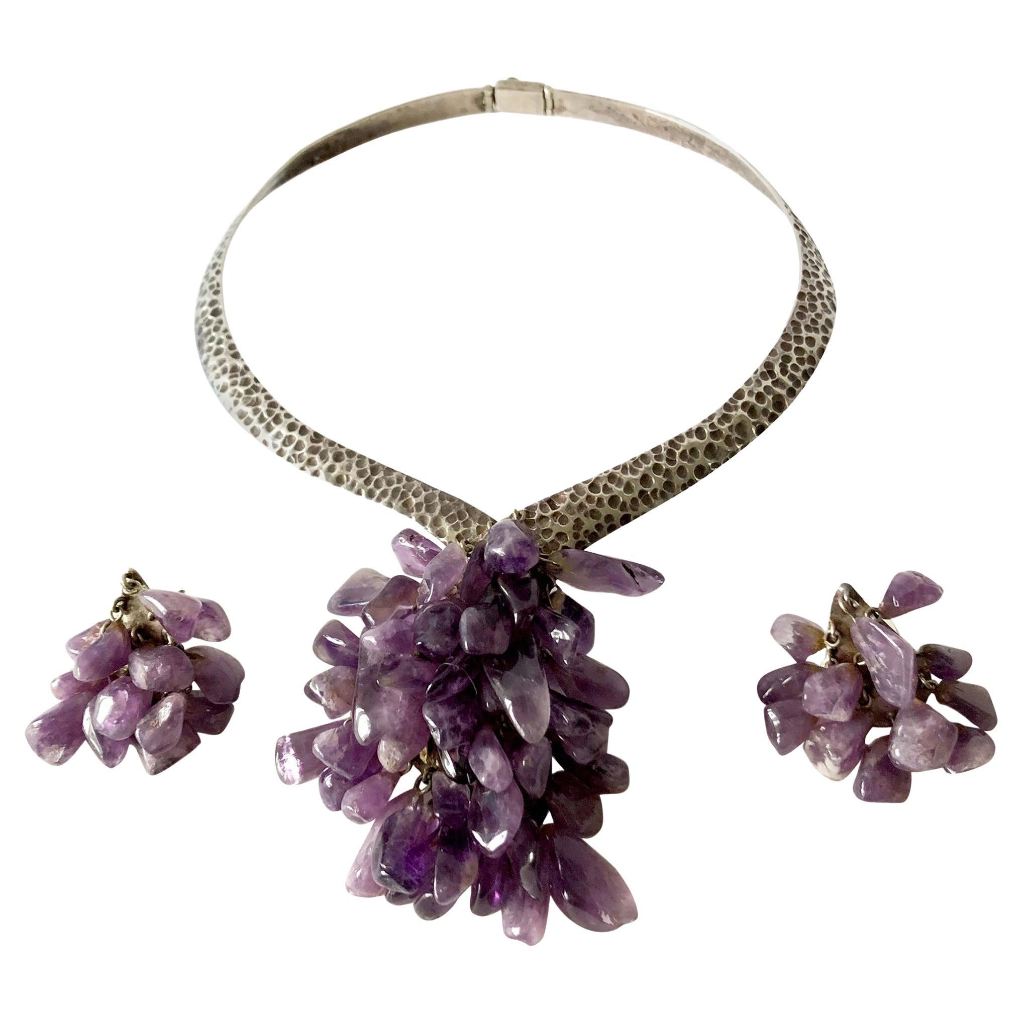 Los Castillo Sterling Silber Amethyst Mexikanische Modernistische Halskette Ohrringe Set im Angebot