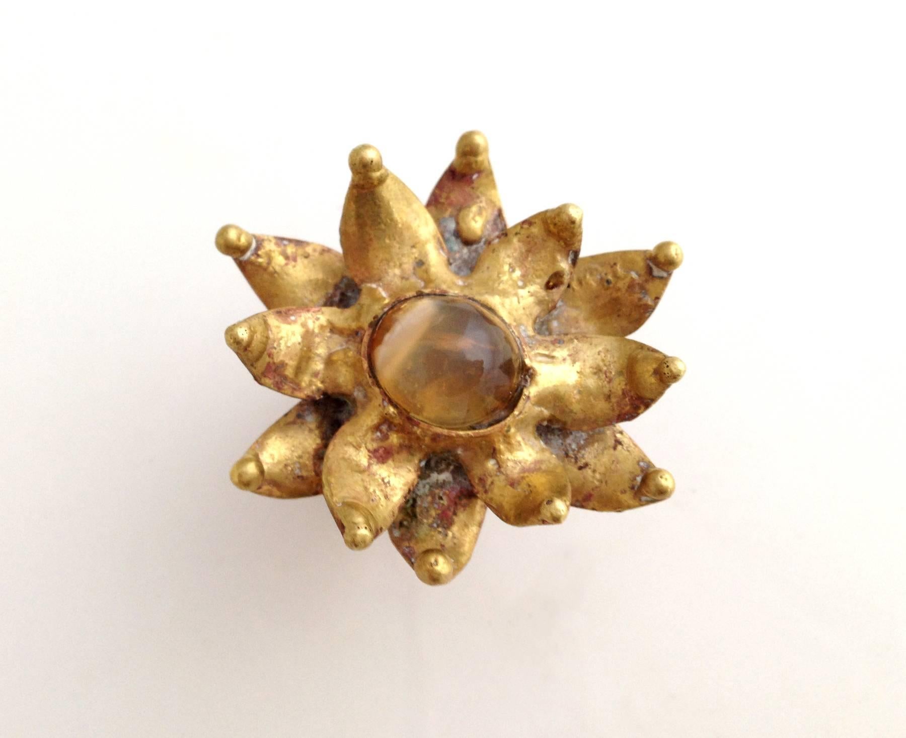 Bronze and light pink quartz flower ring created by Pal Kepenyes of Acapulco, Mexico.  Ring is a finger size 7 - 7.25.  Face of the ring measures 1 3/4