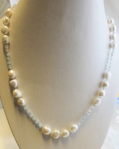 Aquamarine, Morgante and Cultured Pearl Necklace 20 inches