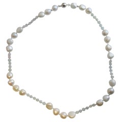 Aquamarine, Morgante and Cultured Pearl Necklace 20 inches