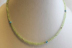 Handstrung 3mm Peridot, Turquoise and Pyrite Necklace 17 inches