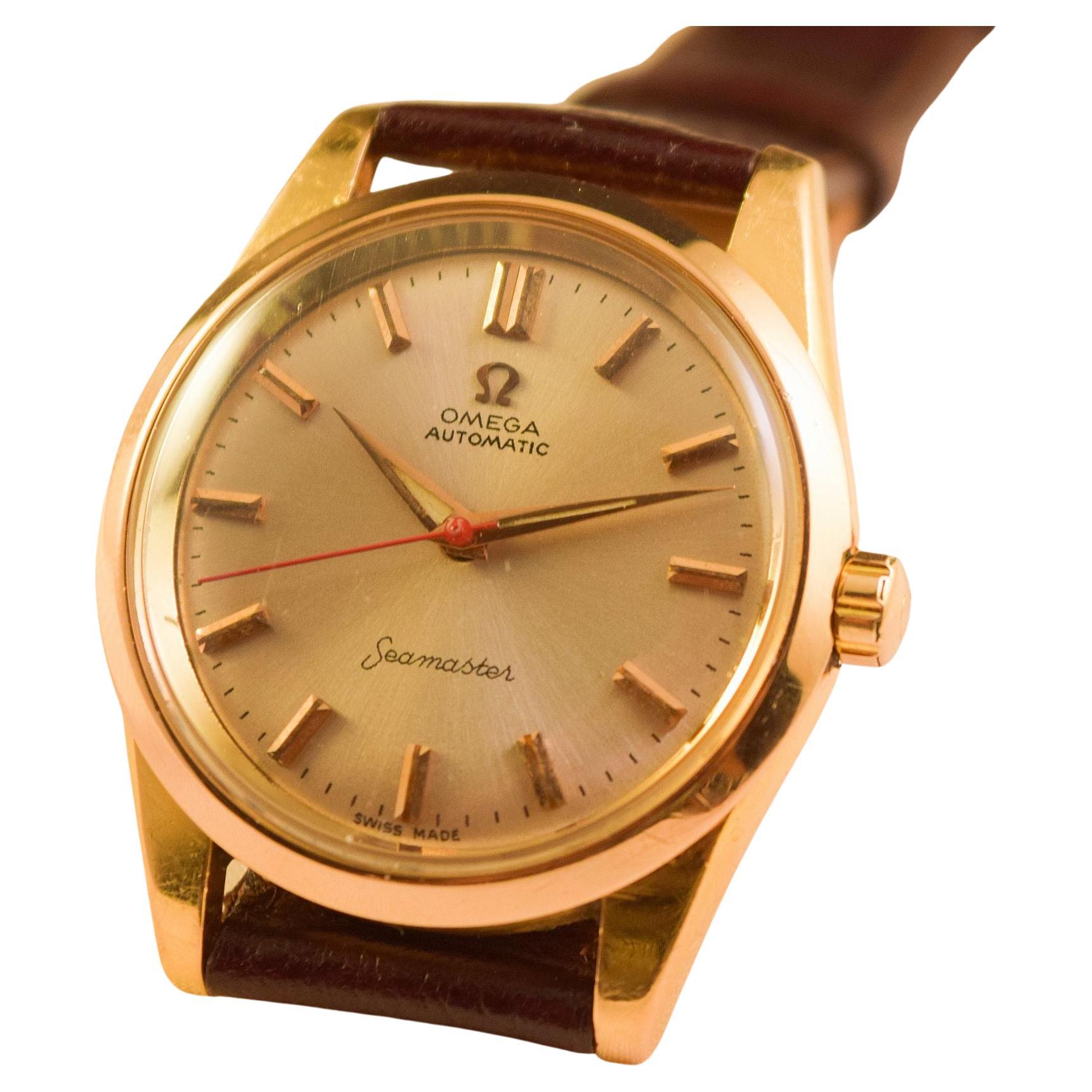Omega Sea Master Automatic solid 18 k Pink gold
Rare attractive solid 18 K case

Dial is signed Omega Automatic Sea Master
Pink gold raised Omega Logo,raised Pink gold Markers-date
Pink gold and luminious hands with red center seconds.
Original