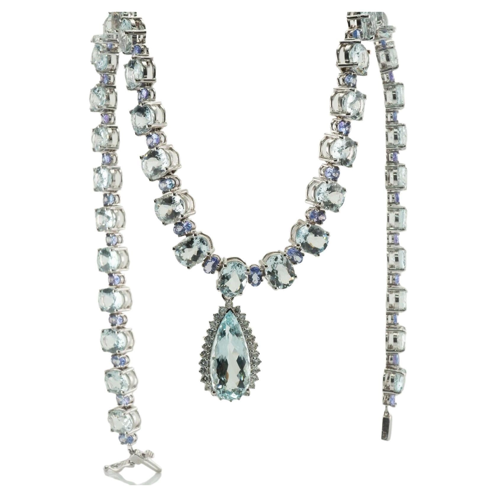 Tansanit-Diamant-Aquamarin-Halskette 14K Weißgold