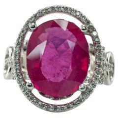 Anillo de Diamantes Rubí Rosa Natural Cóctel de Oro Blanco de 14K