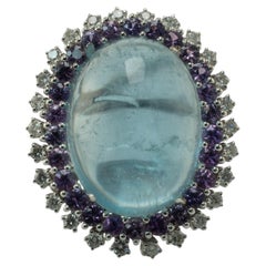 Aquamarine Purple Sapphire Diamond Ring Cabochon 18K White Gold Cocktail