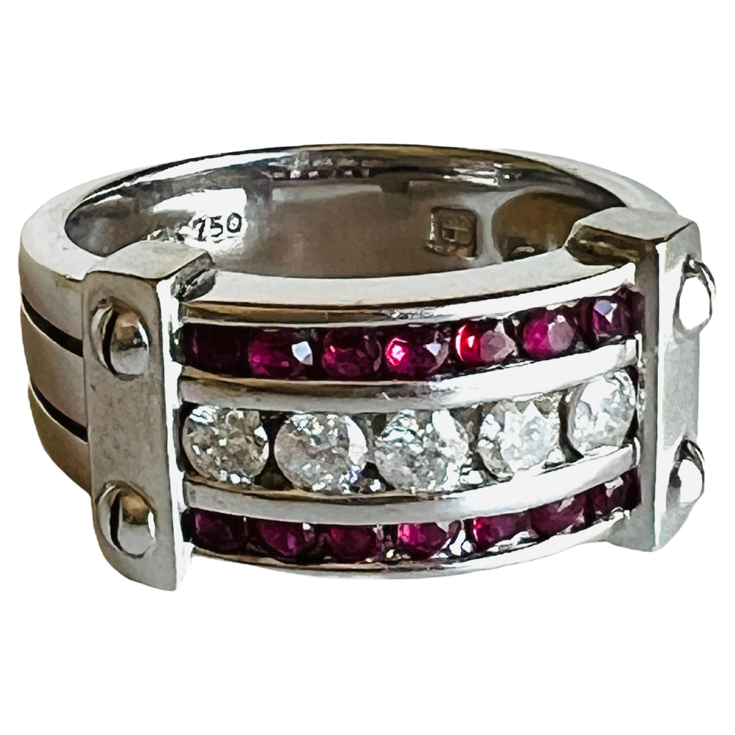 Retro Vintage 18k White Gold Ruby Diamond Ring For Sale