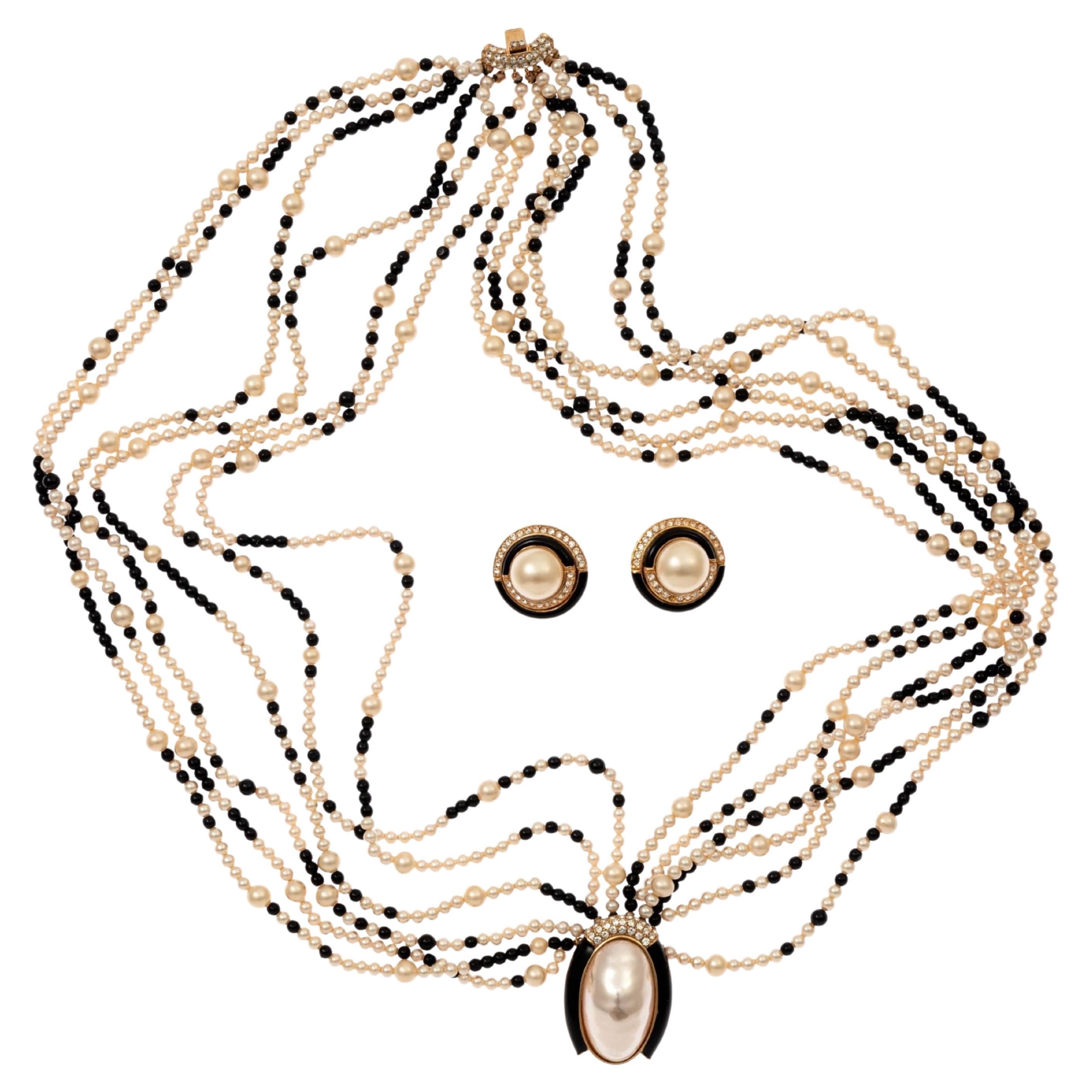 Ciner Perlen Schwarzgold Kunstperlen Choker gedrehte Torsade Halskette Ohrring Set im Angebot