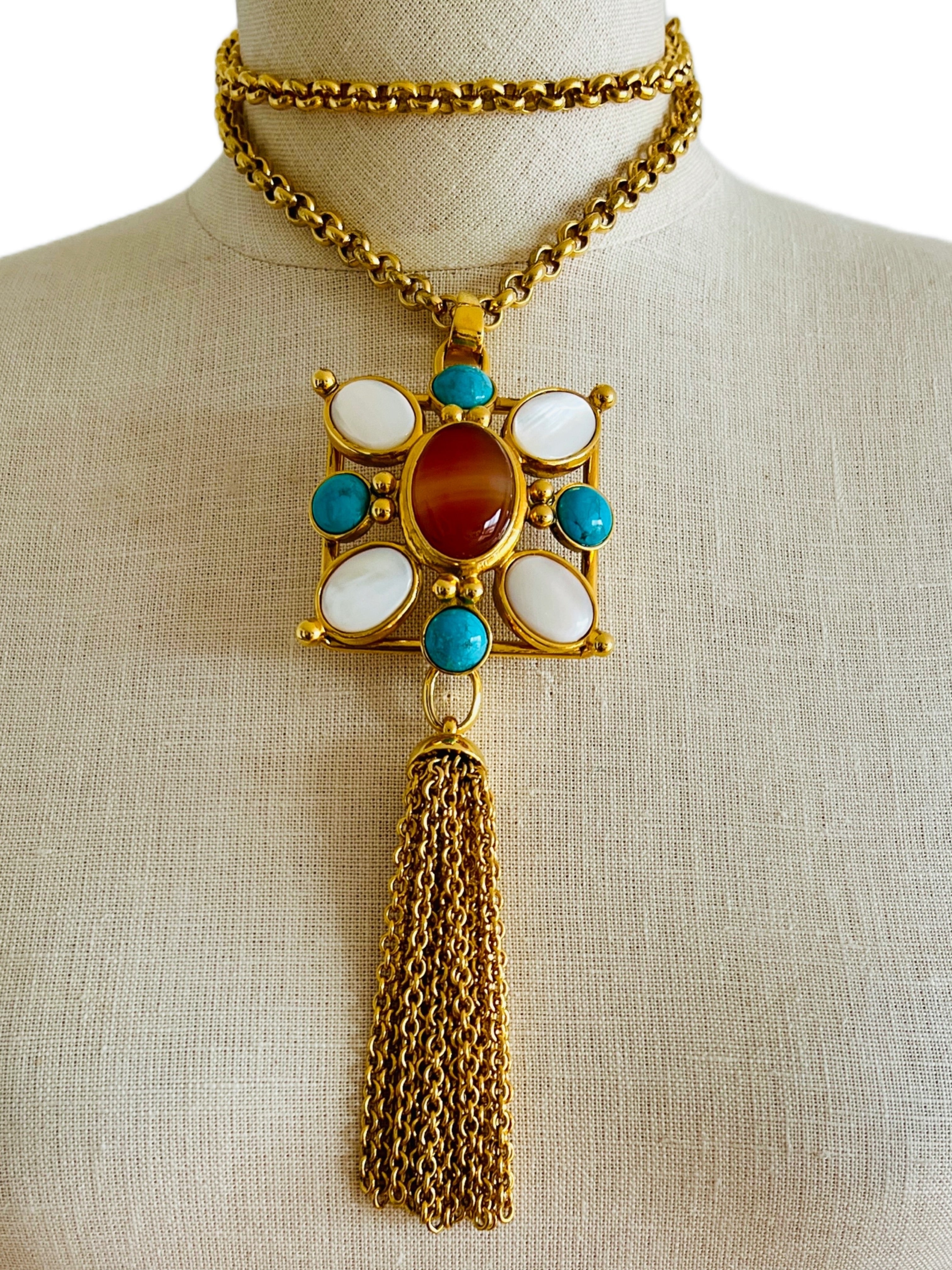 Jose & Maria Barrera Square Cross Cabochon Cornelian Turquoise Tassel Necklace For Sale