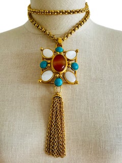 Vintage Jose & Maria Barrera Square Cross Cabochon Cornelian Turquoise Tassel Necklace