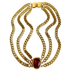 Vintage Heavy Gold Multi Curb Cuban Chain Statement Choker Necklace Red Jewel 